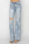 RISEN Mid Rise Button Fly Start Print Flare Jeans - sneakershuborg