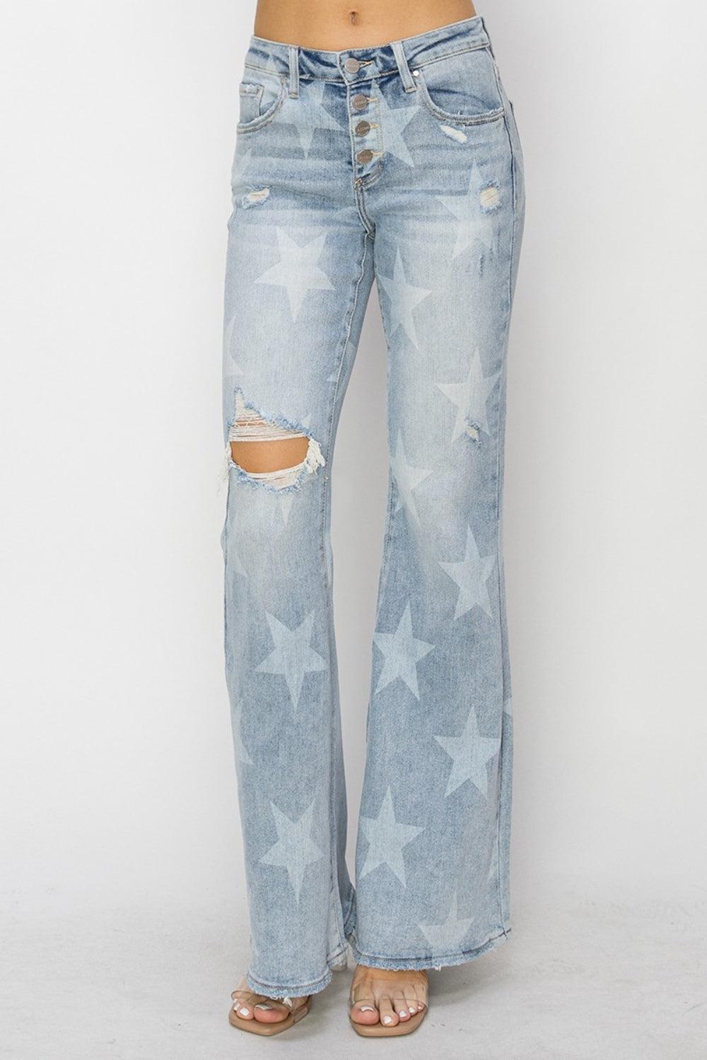 RISEN Mid Rise Button Fly Start Print Flare Jeans - sneakershuborg