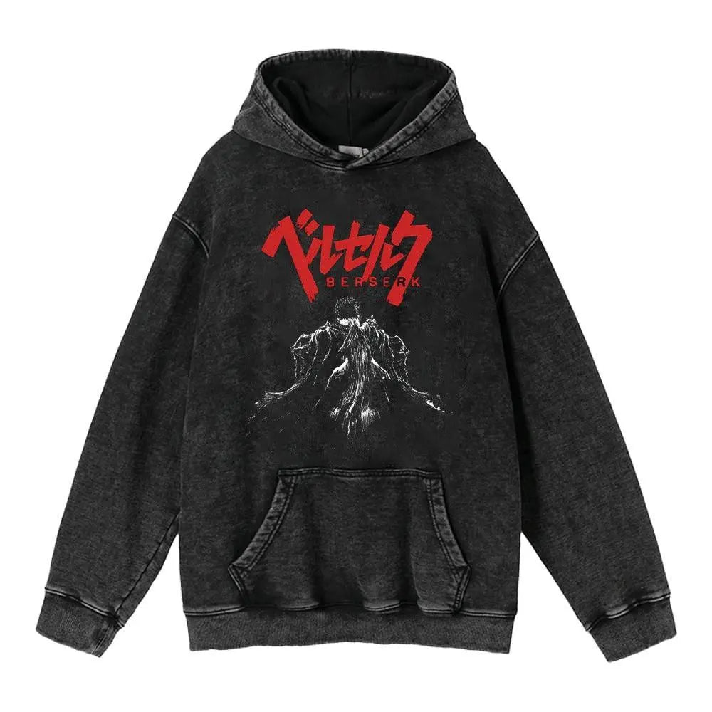 Heavyweight Washed Worn Berserk Fury Anime Street Retro Cotton Hoodie - sneakershuborg