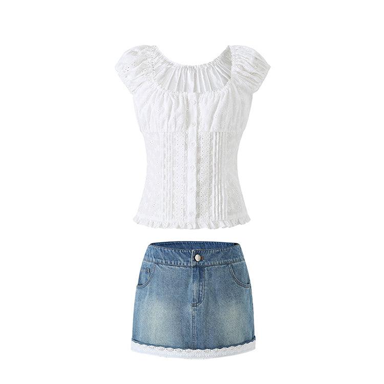 White Short Sleeve Button Up Lace Blouse & Denim Skirt Set - sneakershuborg