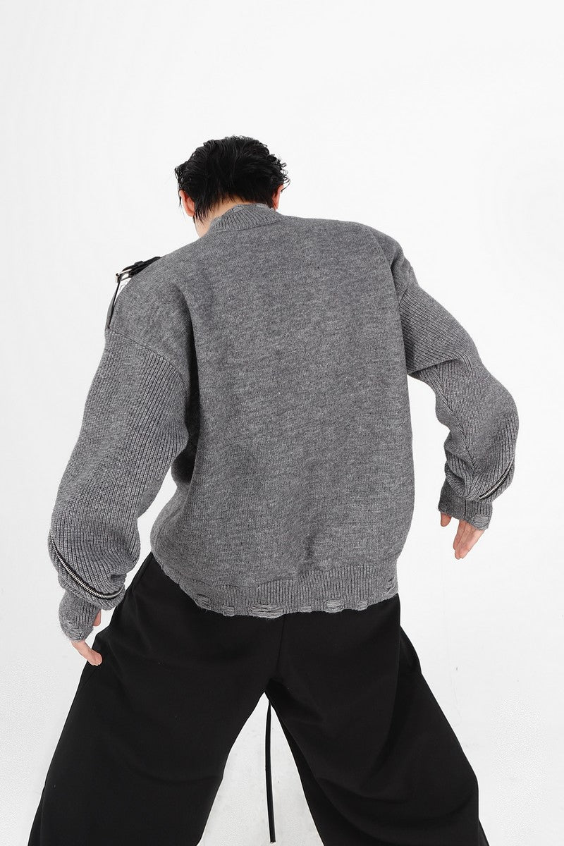 Zippered Distressed Cardigan - sneakershuborg