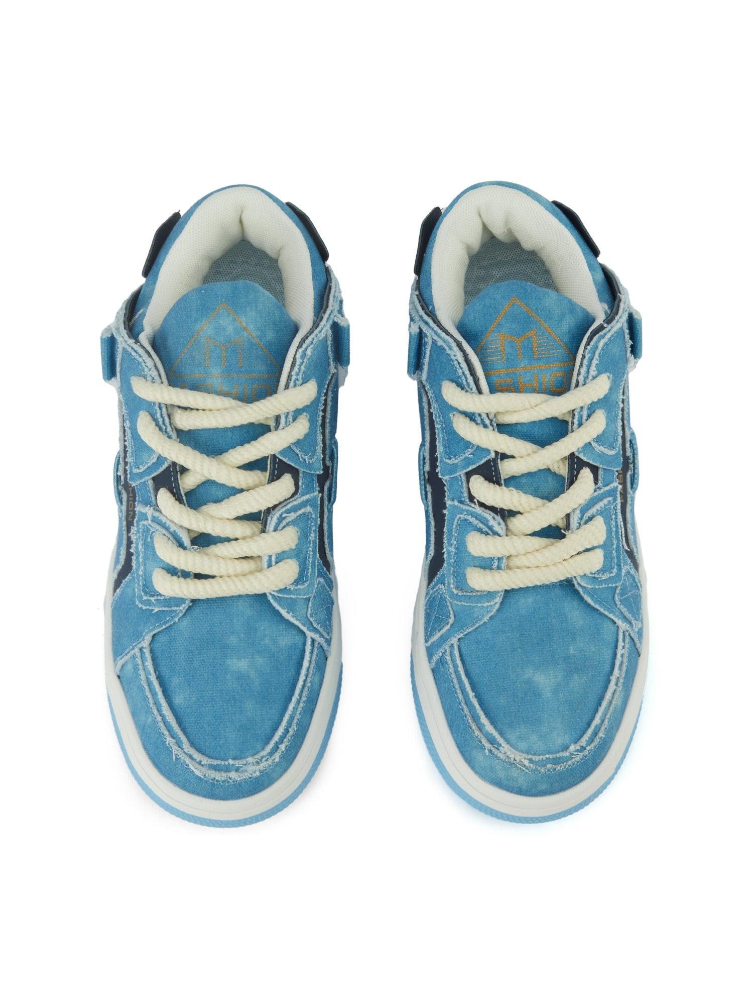 Shredded Denim Patchwork Sneakers - sneakershuborg