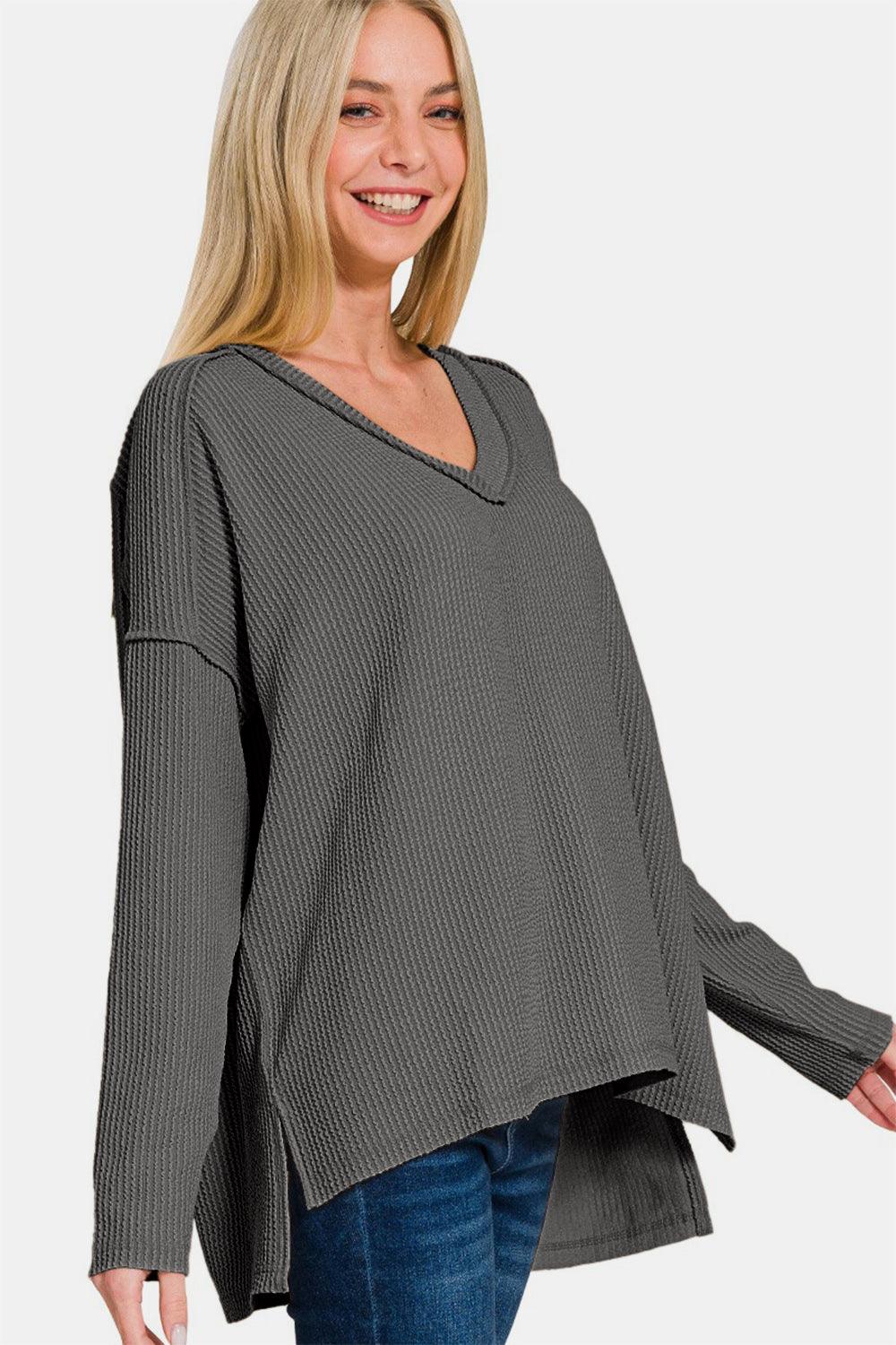 Zenana Texture Exposed Seam V-Neck Long Sleeve T-Shirt Trendsi