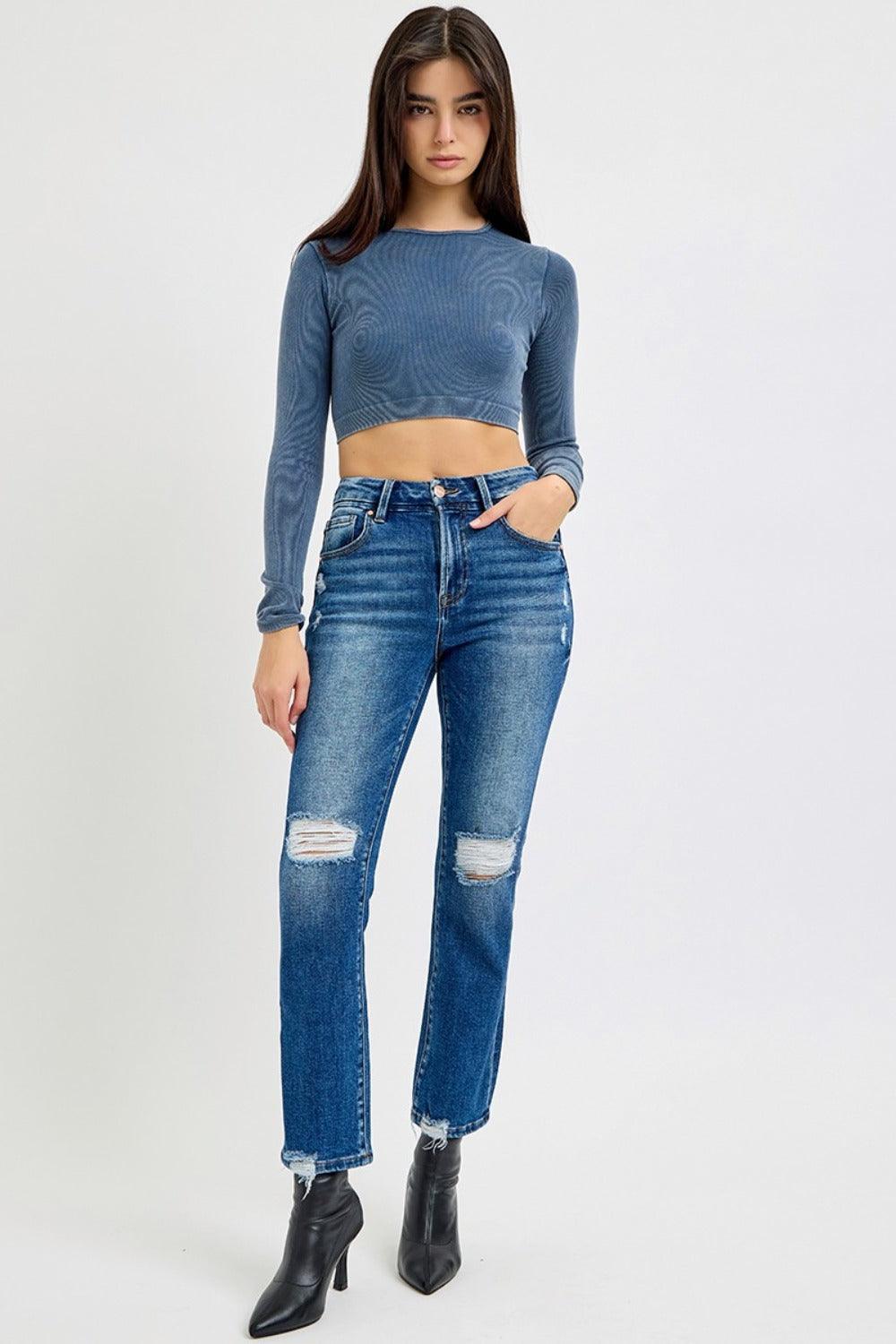 RISEN Full Size High Rise Distressed Crop Straight Jeans - sneakershuborg