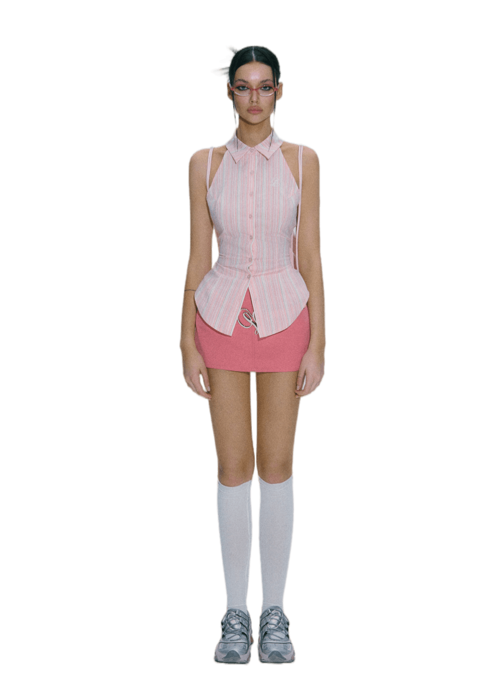 Adjustable Off-Shoulder Pink Striped Vest & Low Waisted Skirt - sneakershuborg