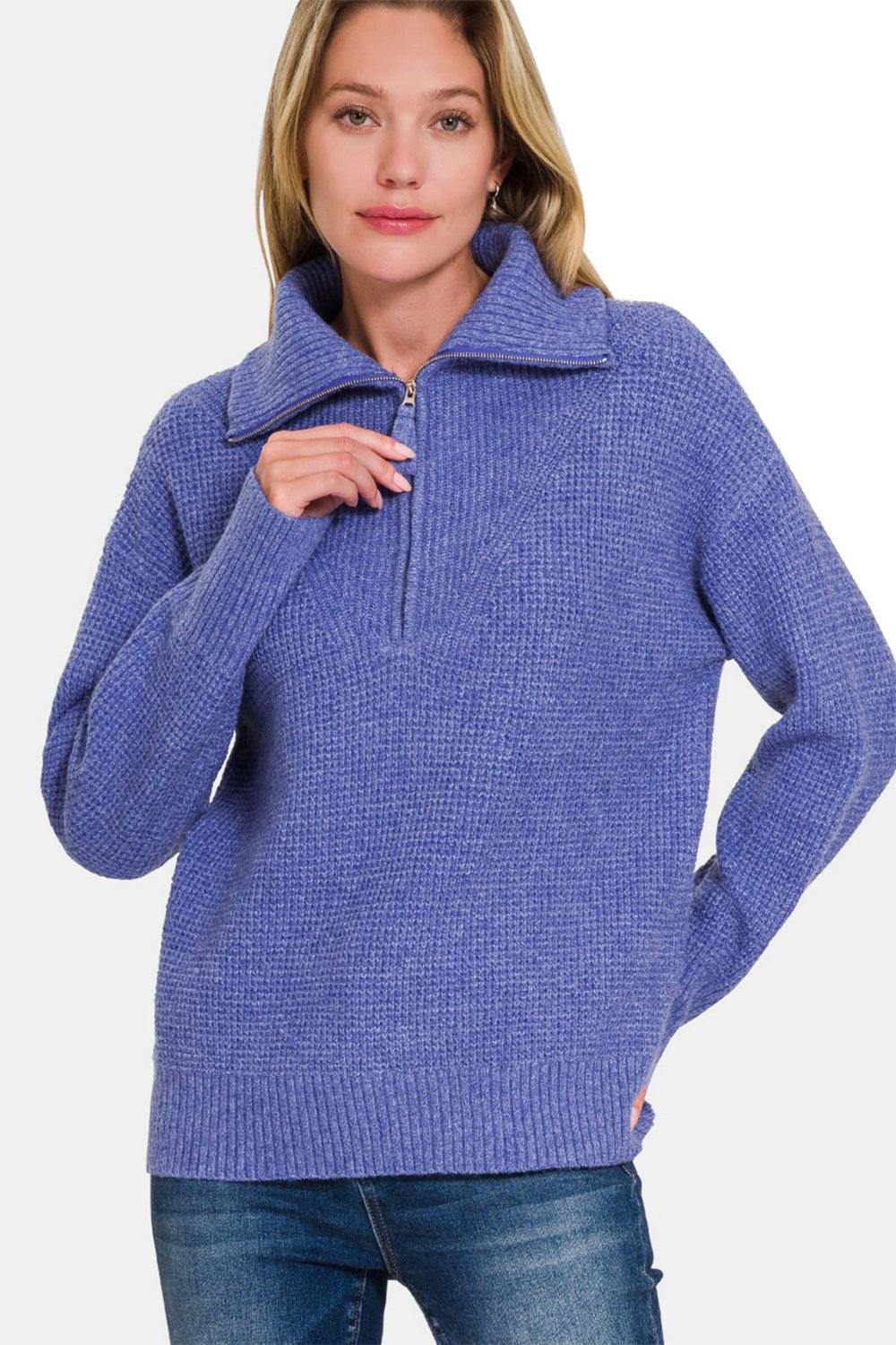 Zenana Half Zip Long Sleeve Sweater Trendsi