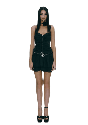 Black Pleated Waist Suspender Dress - sneakershuborg