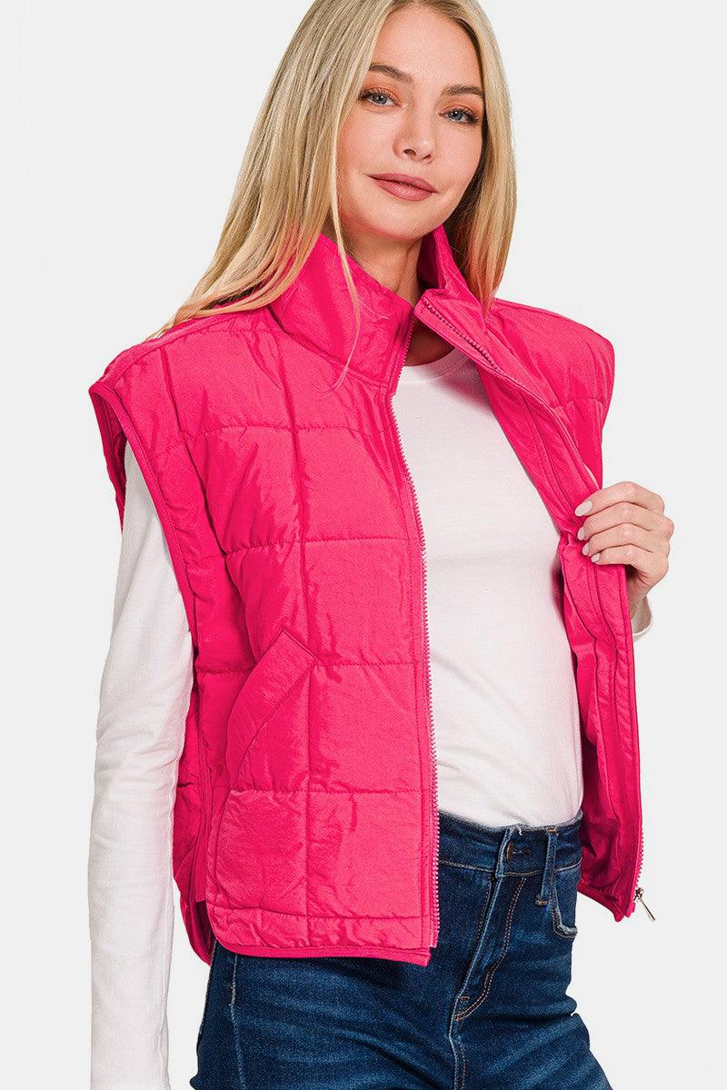 Zenana Zip Up Cropped Puffer Vest with Pockets - sneakershuborg