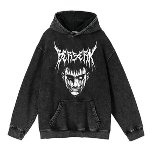 Heavyweight Washed Worn Berserk Fury Anime Street Retro Cotton Hoodie - sneakershuborg