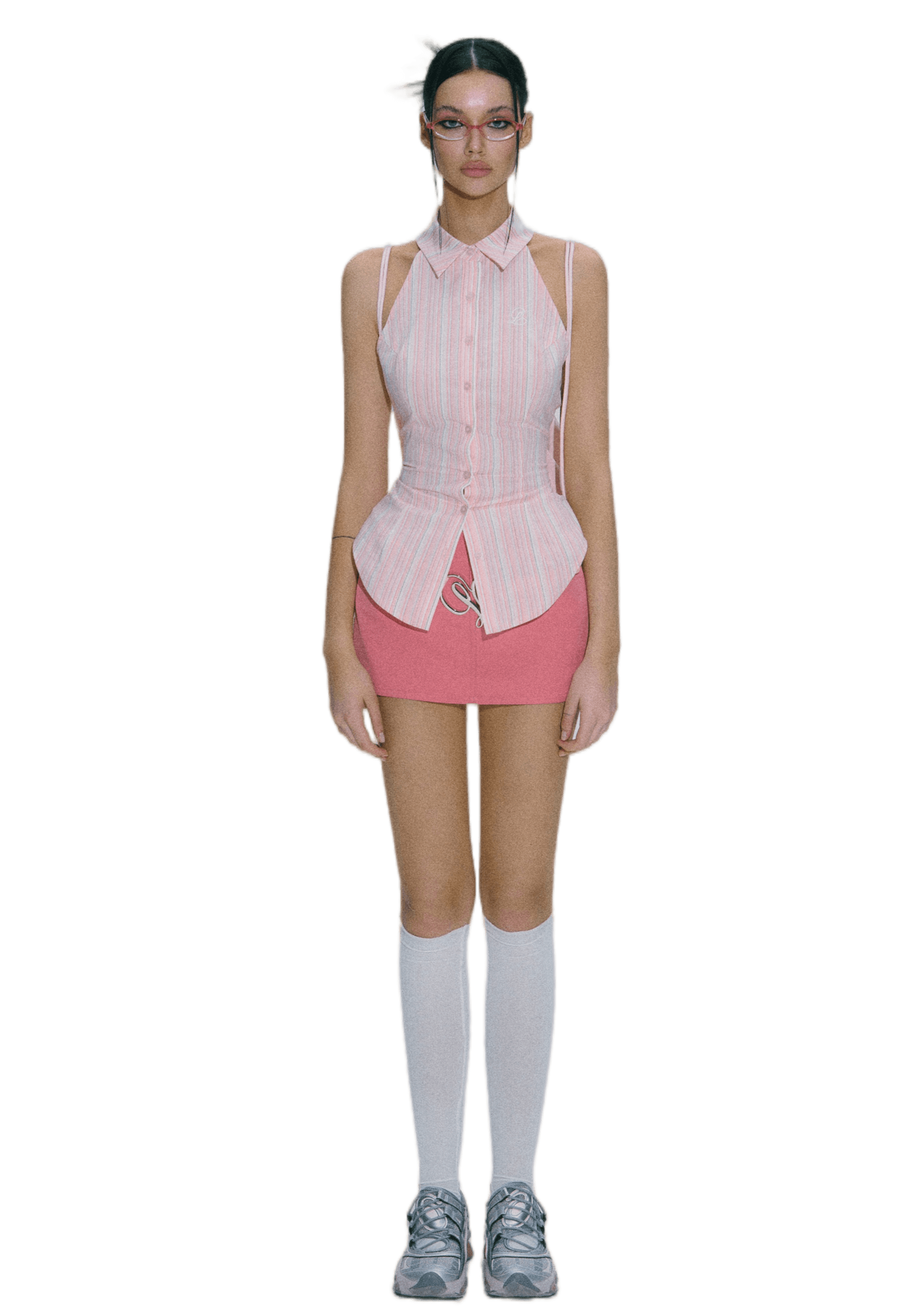 Adjustable Off-Shoulder Pink Striped Vest & Low Waisted Skirt - sneakershuborg