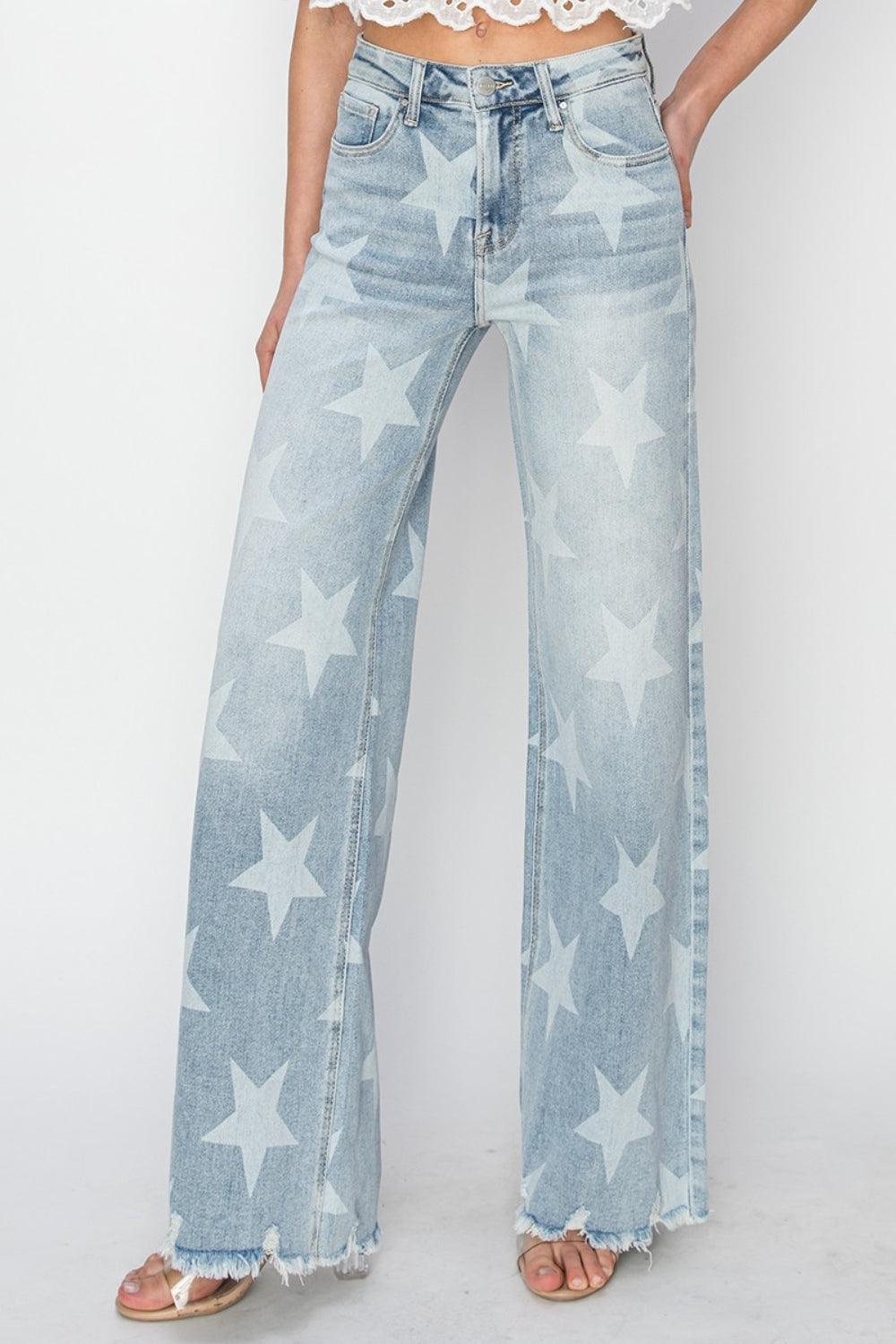 RISEN Full Size Raw Hem Star Wide Leg Jeans - sneakershuborg