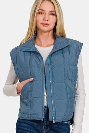 Zenana Zip Up Cropped Puffer Vest with Pockets - sneakershuborg