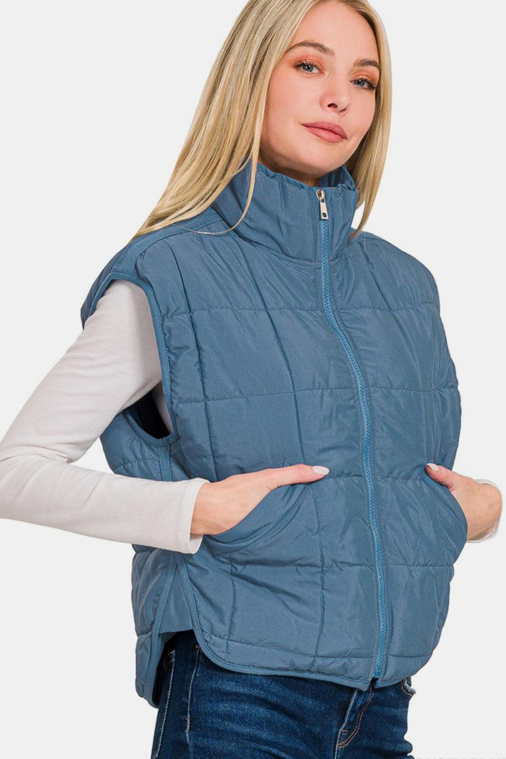 Zenana Zip Up Cropped Puffer Vest with Pockets - sneakershuborg