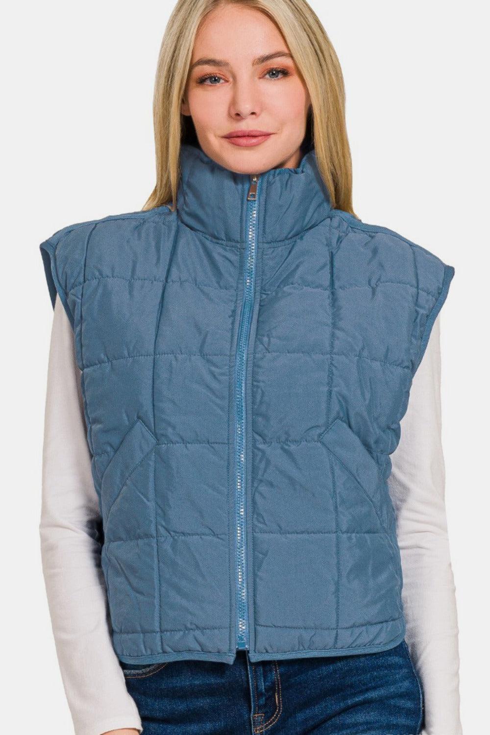 Zenana Zip Up Cropped Puffer Vest with Pockets - sneakershuborg