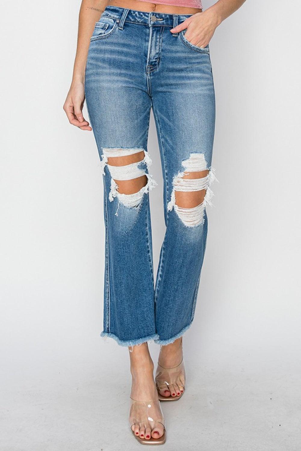 RISEN Mid Rise Distressed Cropped Flare Jeans - sneakershuborg