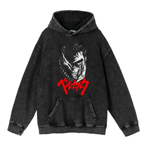 Heavyweight Washed Worn Berserk Fury Anime Street Retro Cotton Hoodie - sneakershuborg