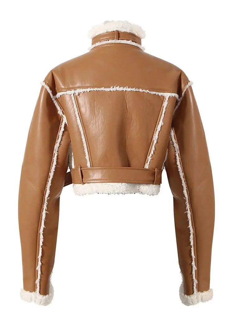 High Street Trend Motorcycle Style Fur Integrated Thickened Short Jacket - sneakershuborg