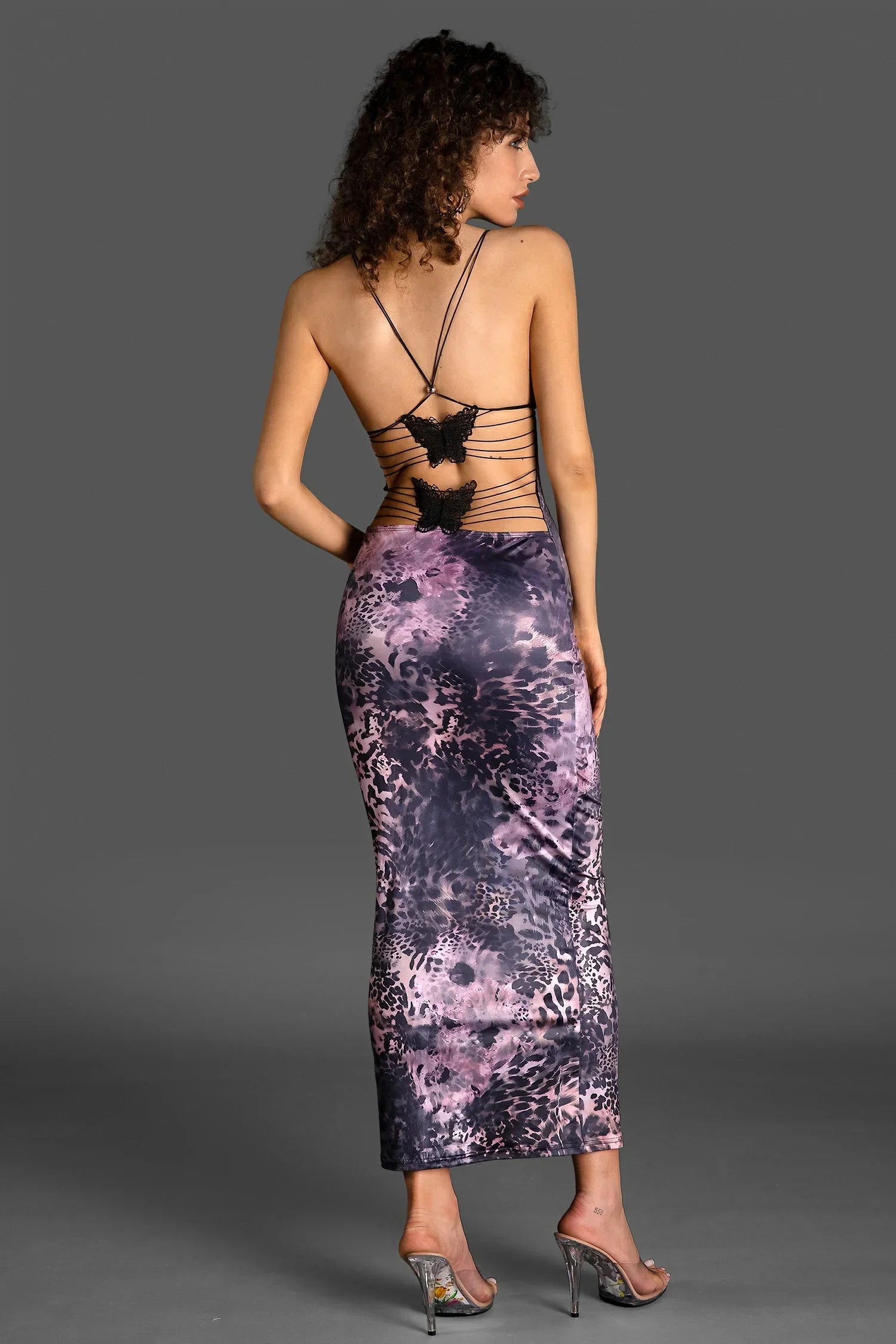 Vella Spaghetti Leopard Print Backless Dress In Purple sneakershuborg