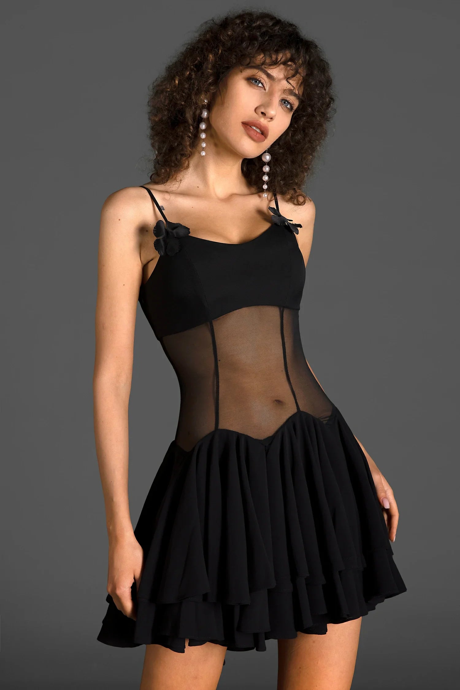 Zaneta Spaghetti Sheer Ruffle Mini Dress In Black sneakershuborg