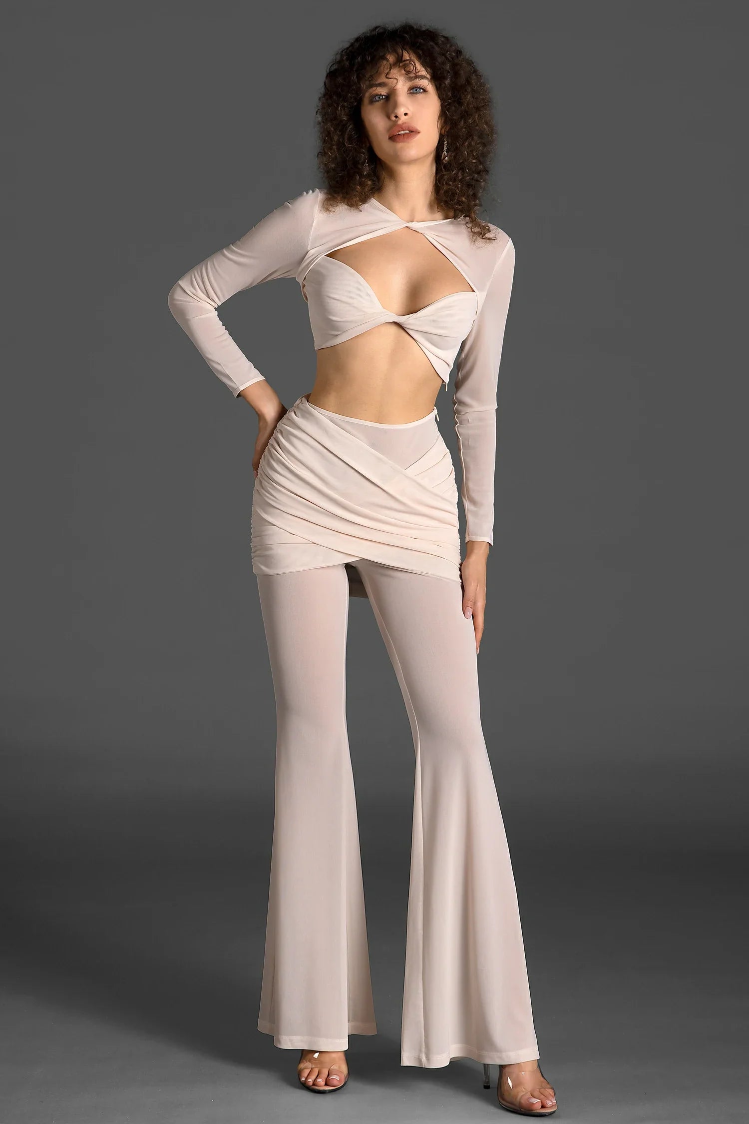 Vassidi Long Sleeve Pleat Twisted Mesh Set In White sneakershuborg