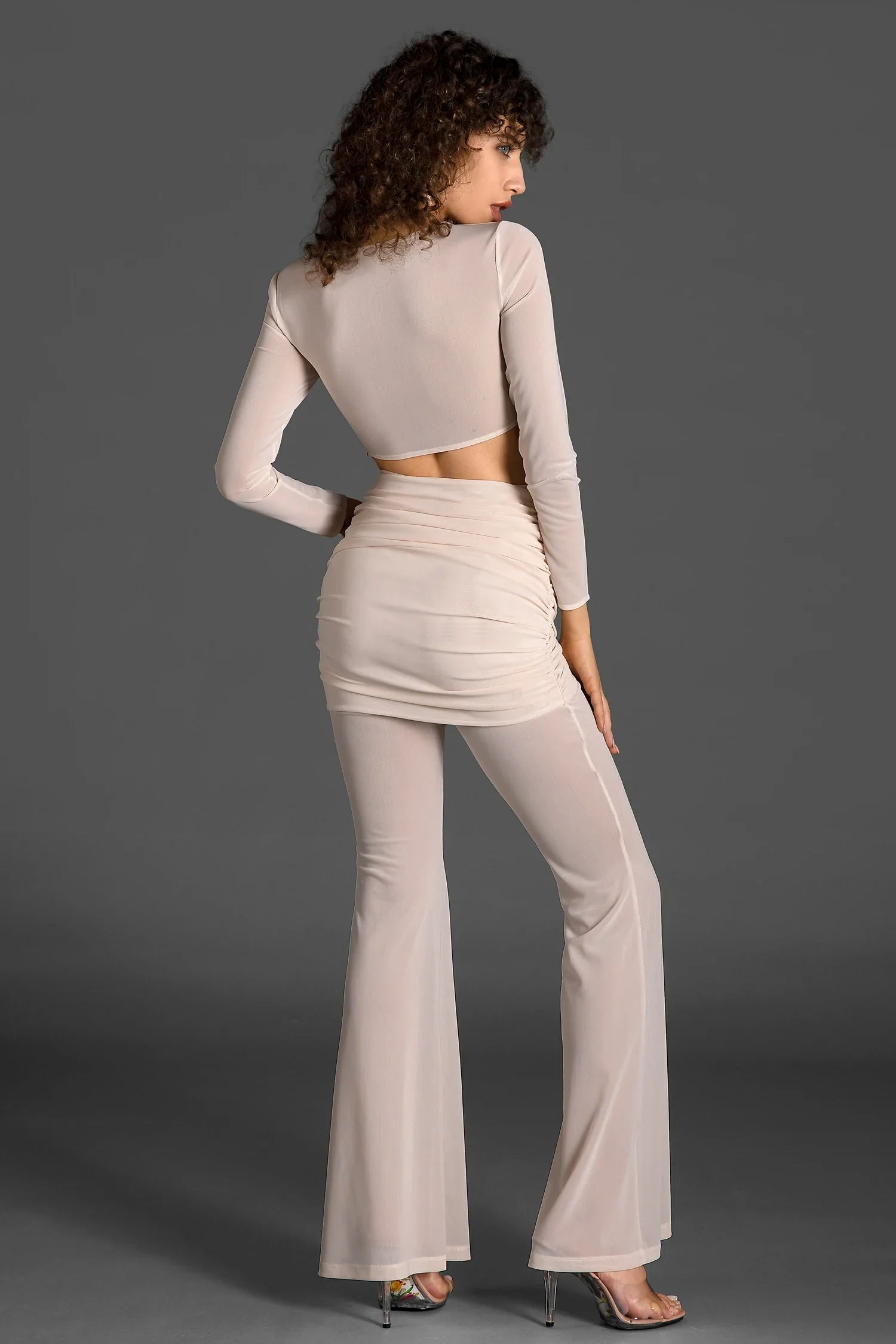 Vassidi Long Sleeve Pleat Twisted Mesh Set In White sneakershuborg