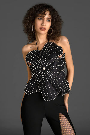 Xaida 3D Flower Pearl Embellished Top In Black sneakershuborg