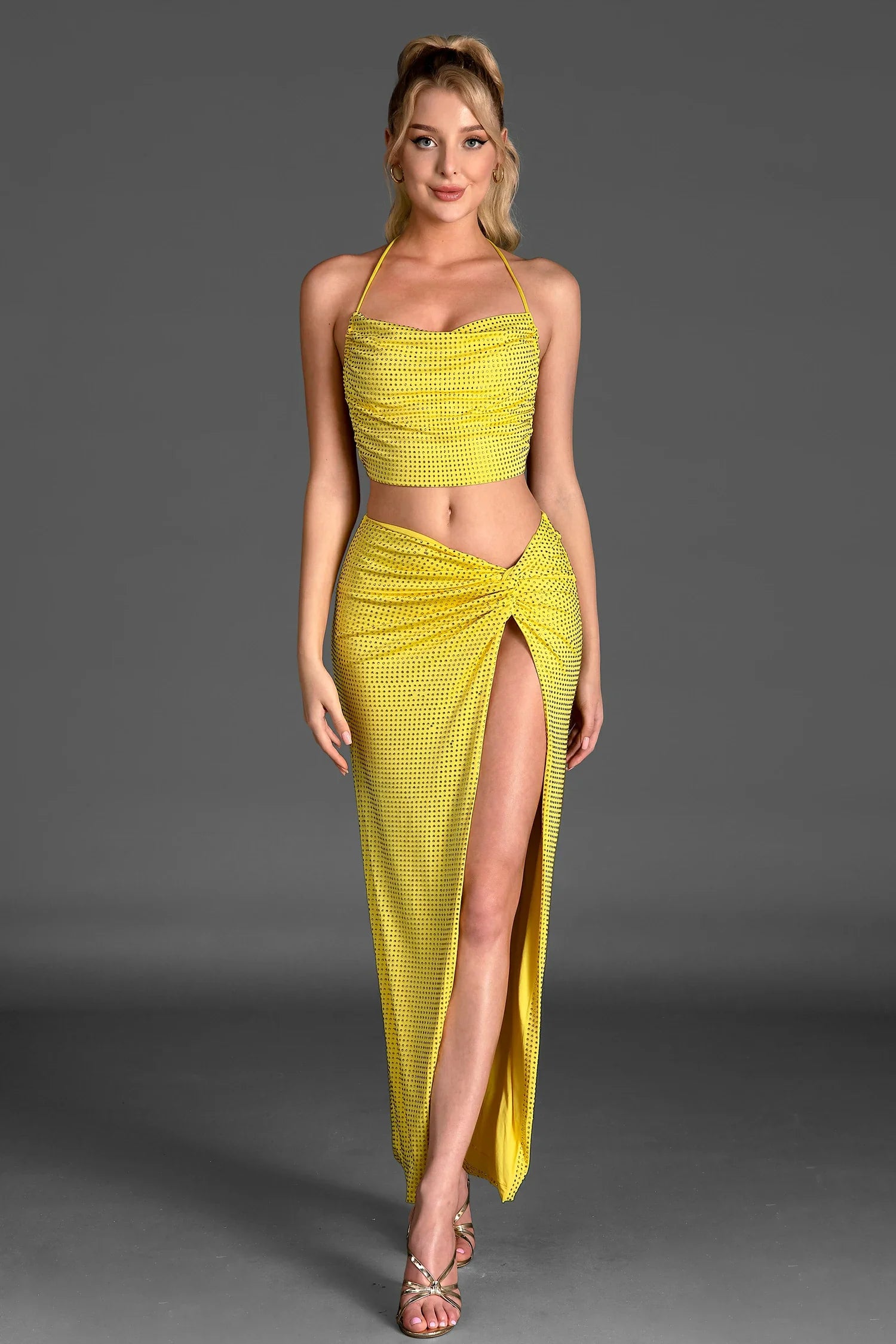 Xeneli Backless Halter High Slit 2 Piece Set In Yellow sneakershuborg