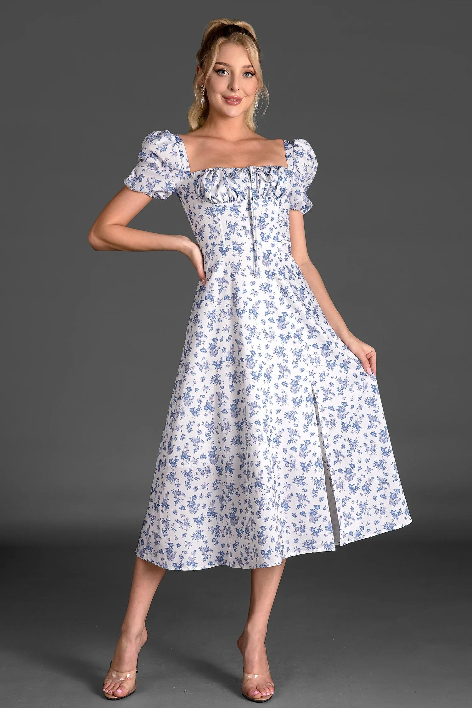 Serafim Floral Side Split Puff Sleeve Dress In Blue sneakershuborg