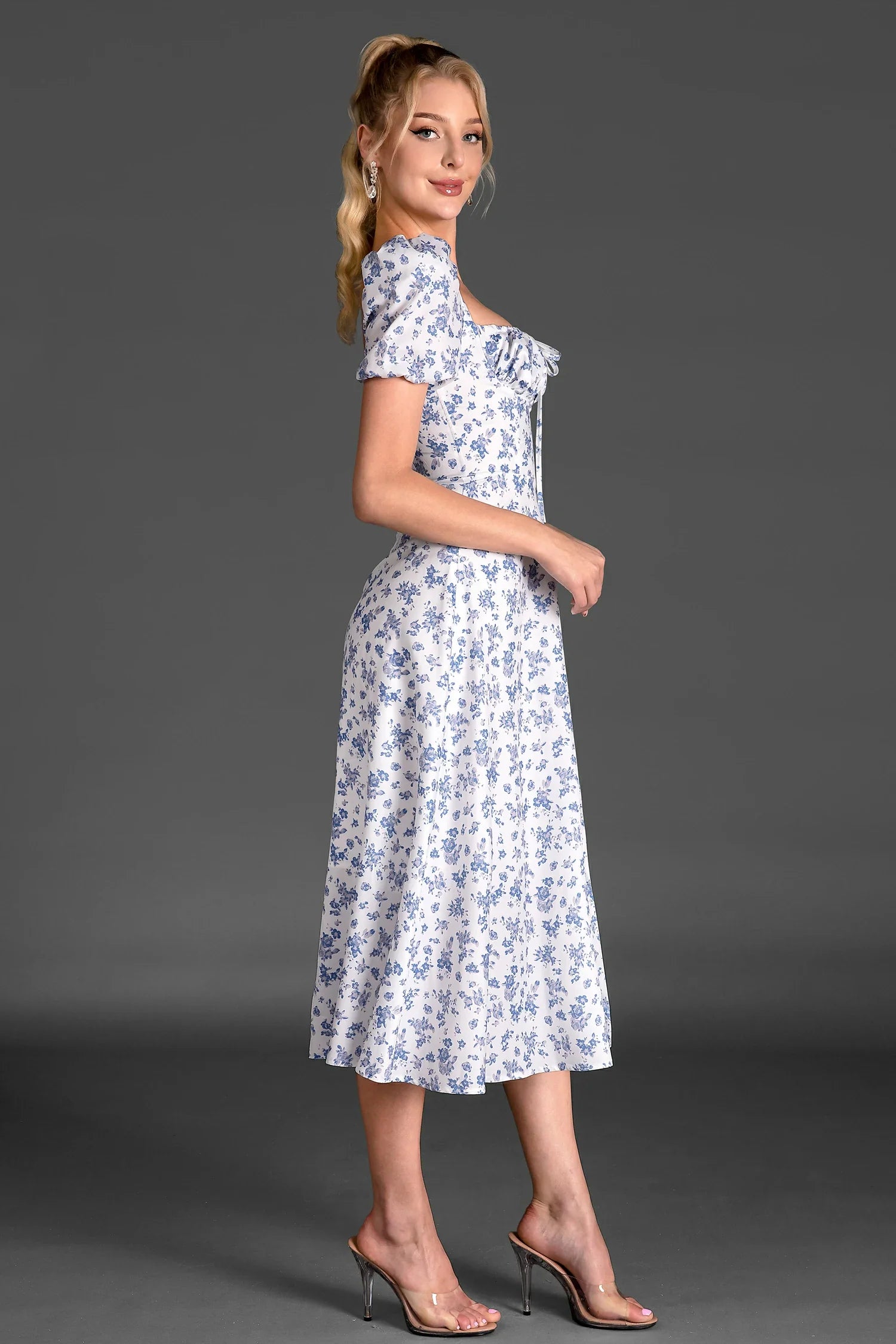 Serafim Floral Side Split Puff Sleeve Dress In Blue sneakershuborg