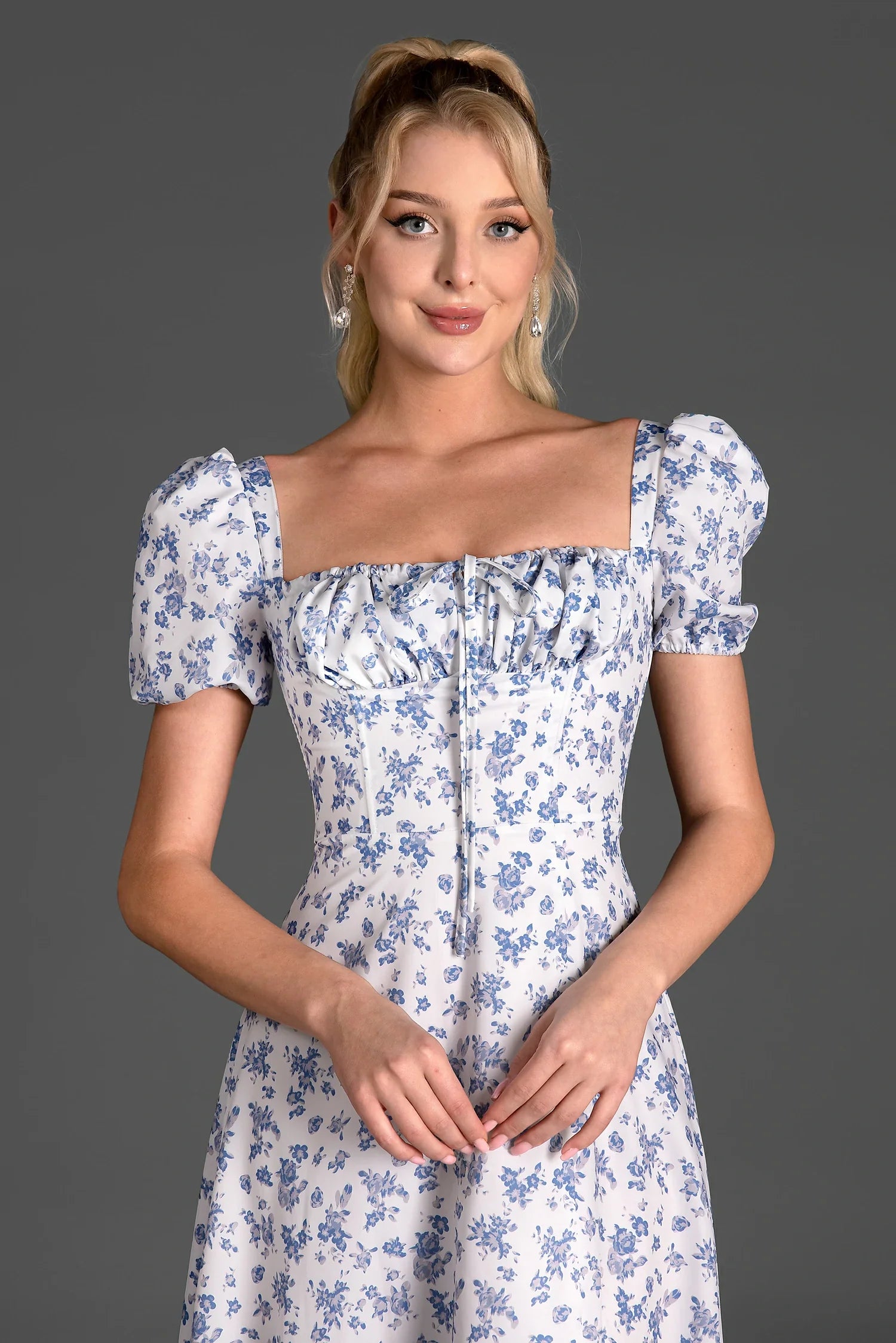 Serafim Floral Side Split Puff Sleeve Dress In Blue sneakershuborg