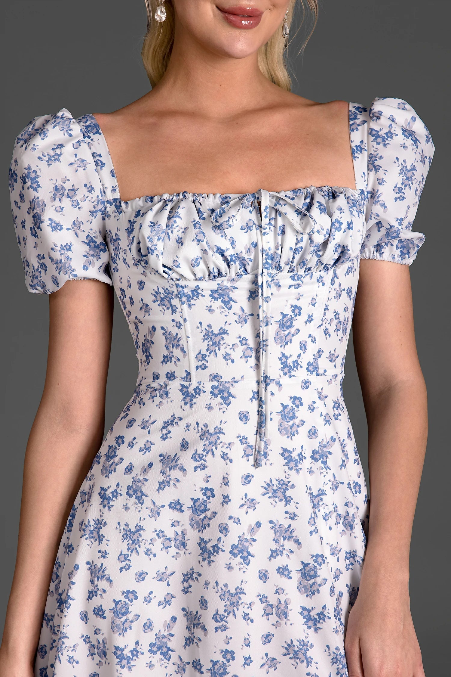 Serafim Floral Side Split Puff Sleeve Dress In Blue sneakershuborg