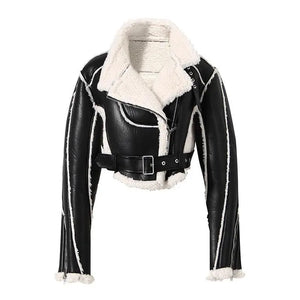 High Street Trend Motorcycle Style Fur Integrated Thickened Short Jacket - sneakershuborg