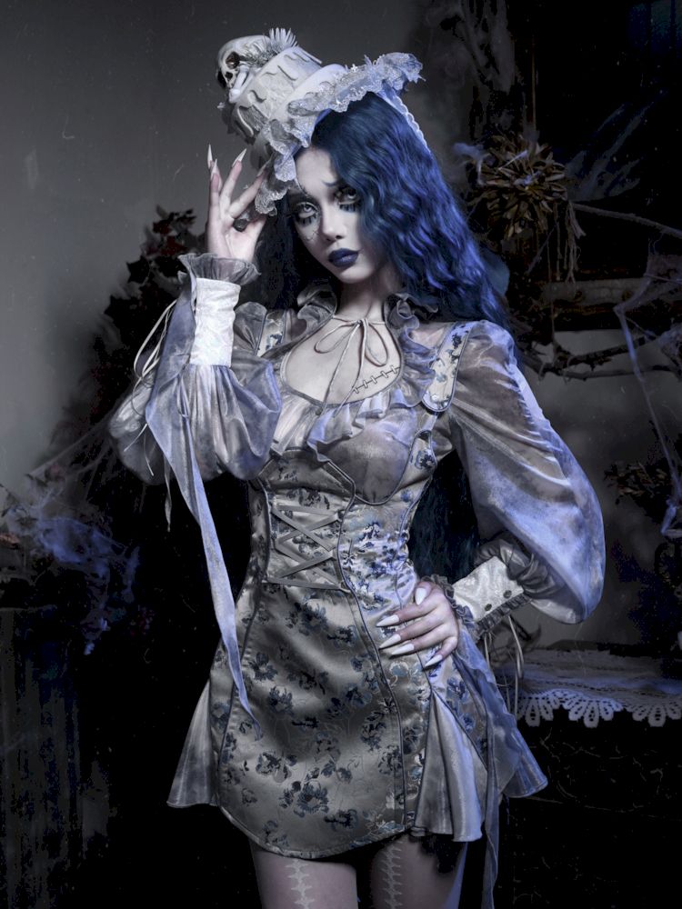 Victorian-style corset dress with blue and gray floral print sneakershuborg