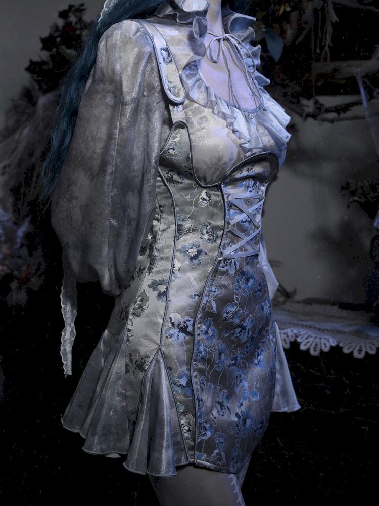 Victorian-style corset dress with blue and gray floral print sneakershuborg