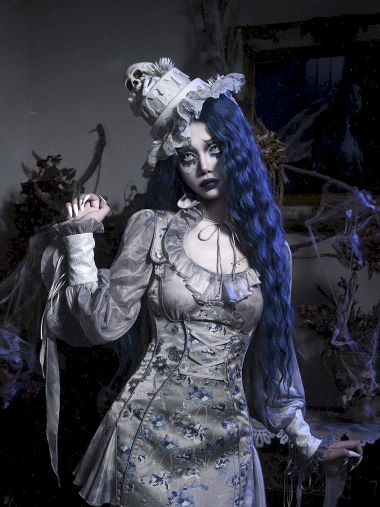 Victorian-style corset dress with blue and gray floral print sneakershuborg