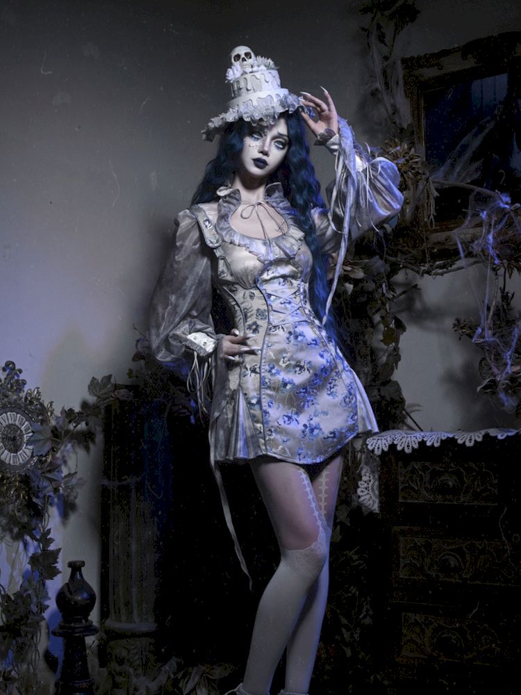 Victorian-style corset dress with blue and gray floral print sneakershuborg