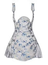 Victorian-style corset dress with blue and gray floral print sneakershuborg