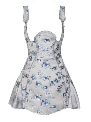 Victorian-style corset dress with blue and gray floral print sneakershuborg