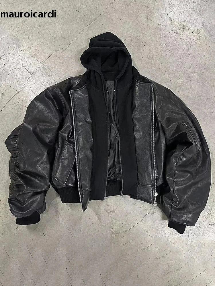 Sneakershub Oversized Cool Black Thickened Leather Bomber Jacket eprolo