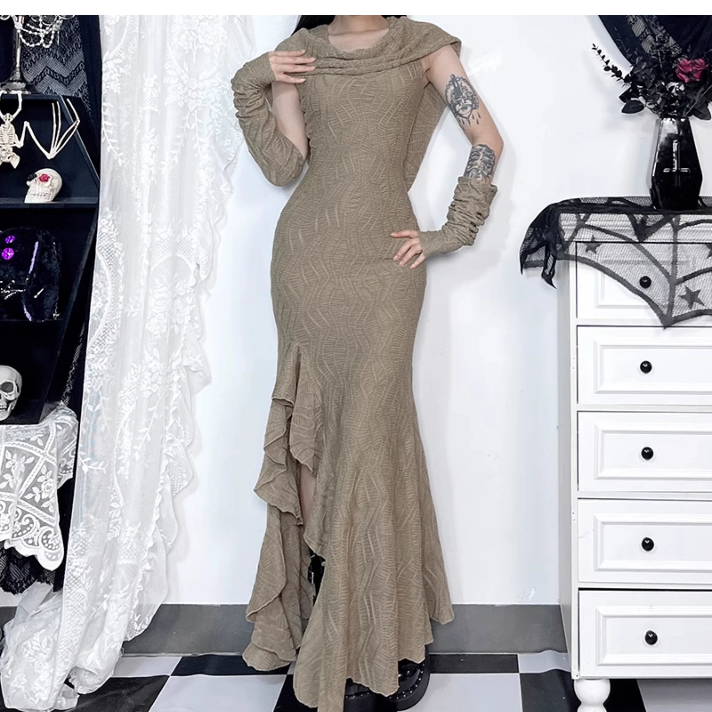 Wannathis Avant-Garde Hooded Maxi Dress - Taupe Cold Shoulder Gown With Ruffle Detail - sneakershuborg