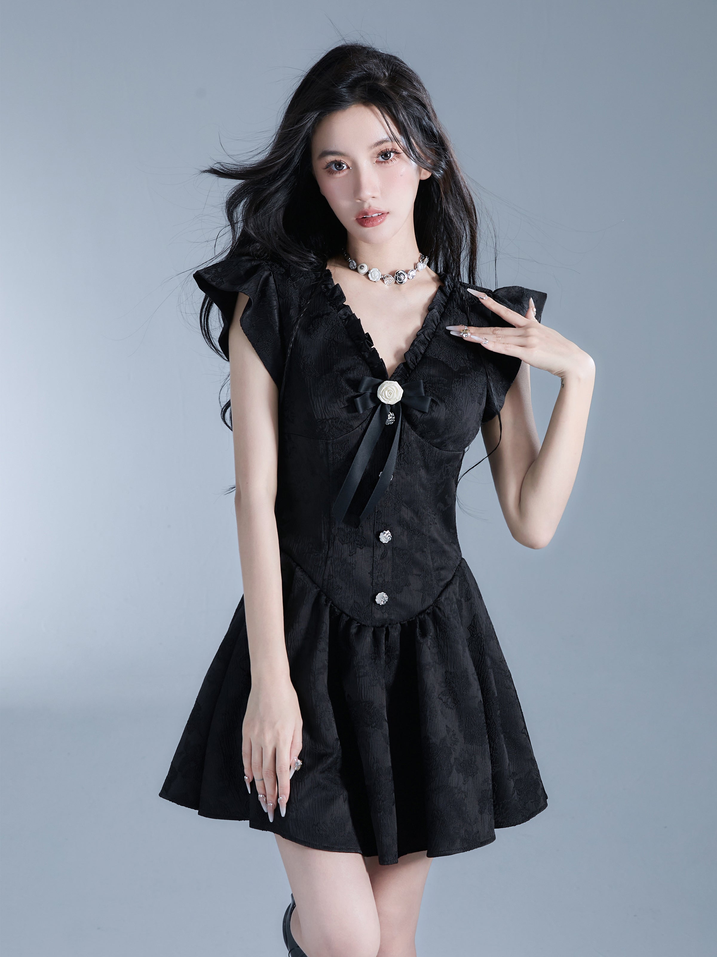 Vintage-Inspired Black Flutter Sleeve Mini Dress with Button Front sneakershuborg