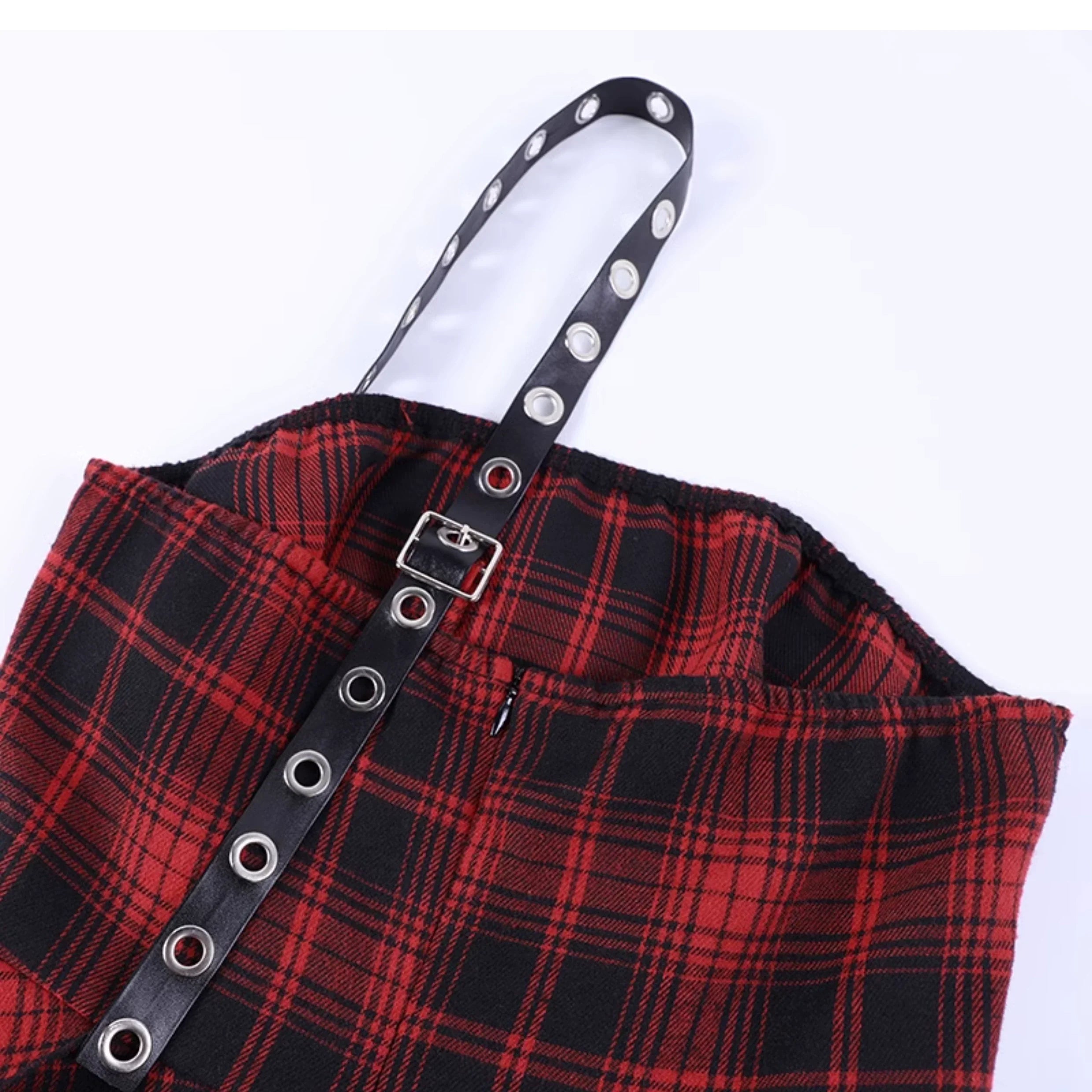 Wannathis Punk Tartan Mini Dress - Red Plaid Ruffle Tiered Goth Dress With Studded Harness - sneakershuborg