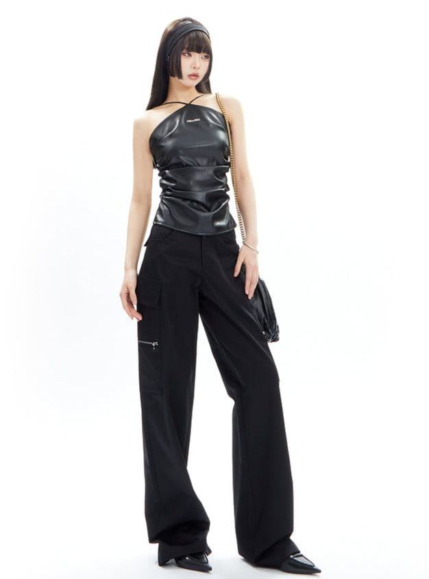 Wide-Leg Cargo Pants with Collar Waistband sneakershuborg