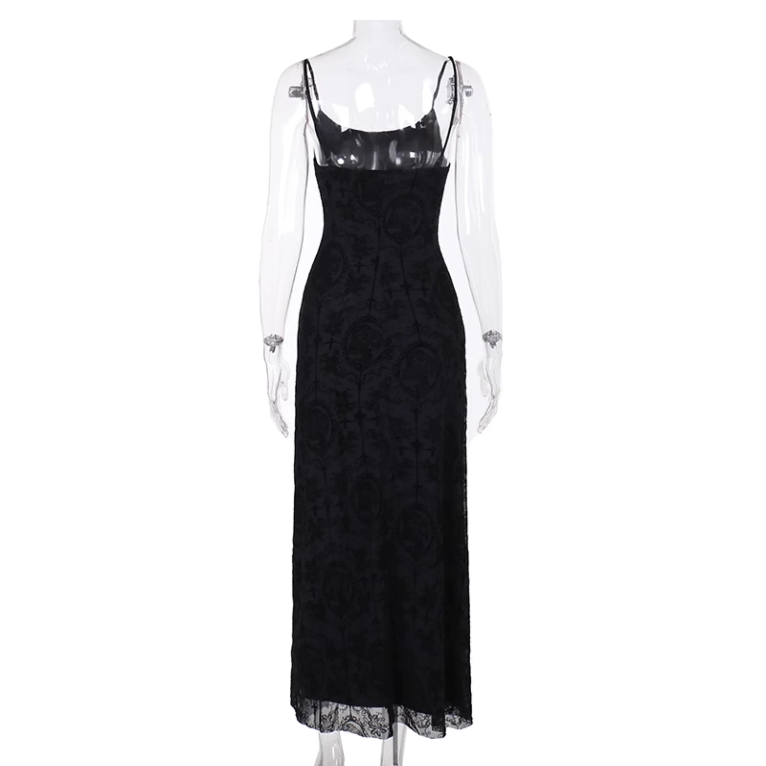 Wannathis Gothic Velvet Maxi Dress - Black Spaghetti Strap Burnout Gown With Lace-Up Arm Warmers - sneakershuborg