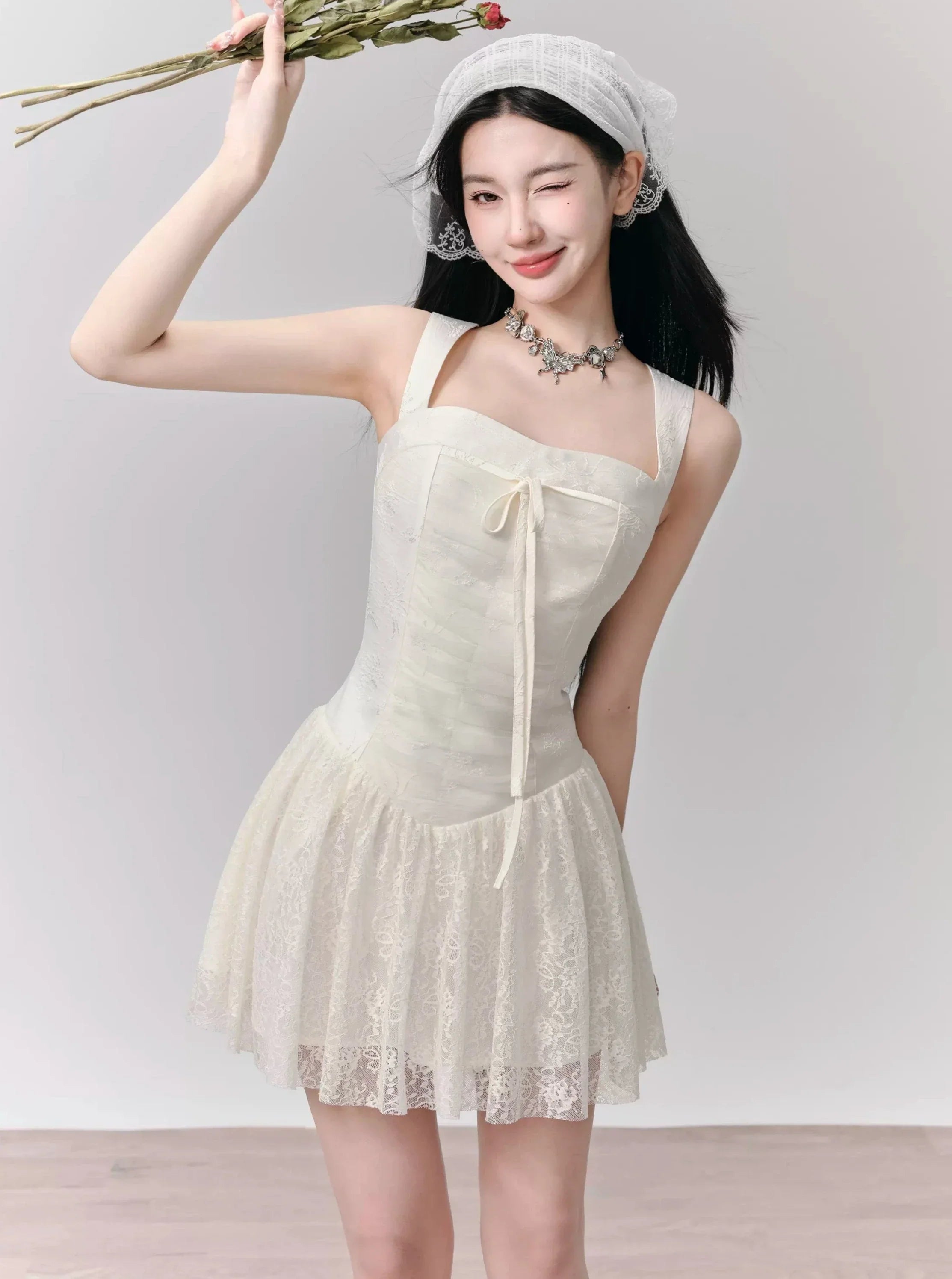 Romantic White Lace Halter Mini Dress with Front Tie sneakershuborg