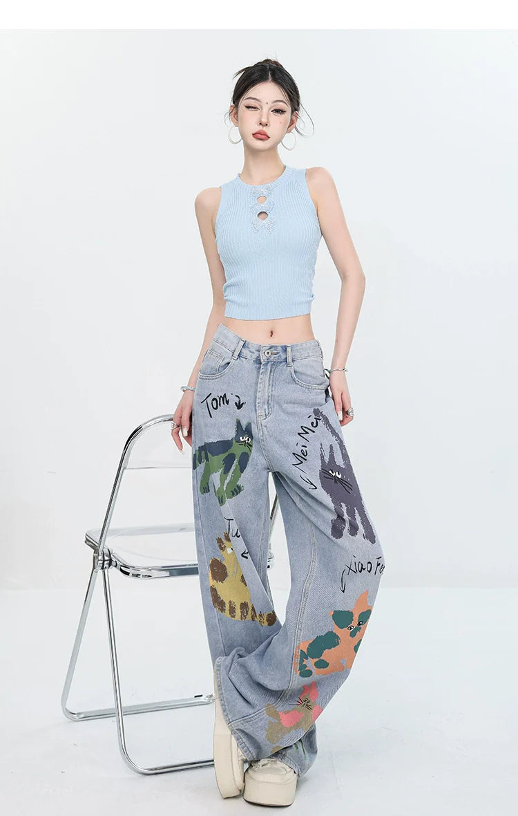 ABWEAR Whimsical Critter Doodle Wide-Leg Jeans sneakershuborg