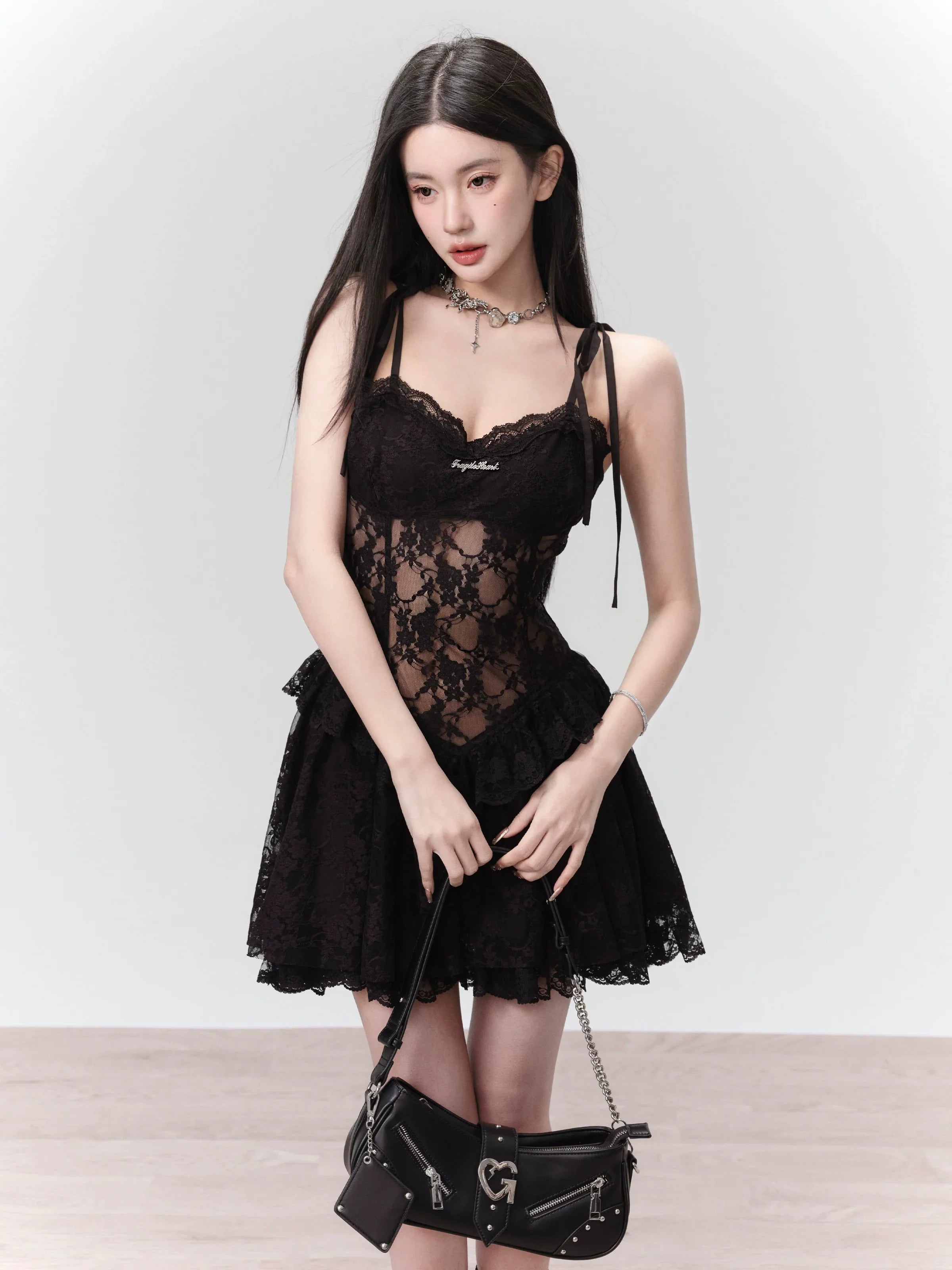 Seductive Black Lace Corset Mini Dress with Tie Straps - sneakershuborg