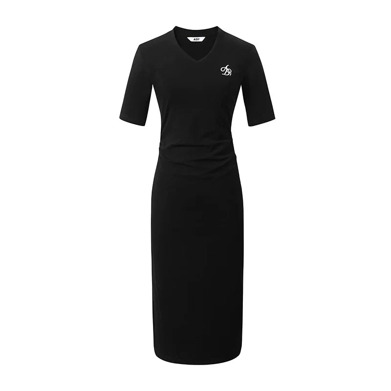 Sleek V-Neck Midi Dress: Figure-Hugging Bodycon with Elbow-Length Sleeves in Heather Gray and Black sneakershuborg