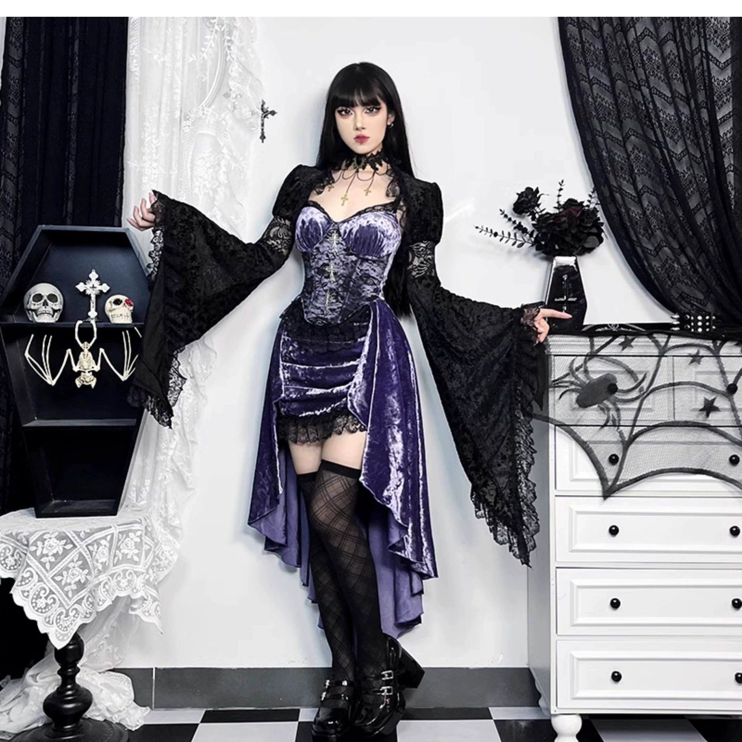 Wannathis Gothic Velvet Corset Dress Set - Purple High-Low Gown With Lace Trim And Black Lace Bolero - sneakershuborg