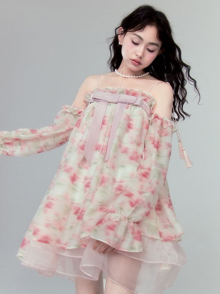 Romantic Lace Floral Dress With Irregular Hem And Ribbon - sneakershuborg